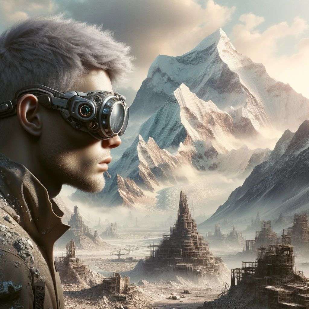 someone gazing at Mount Everest, digital art, dystopia